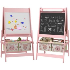 Art Easel with Paper Roll, Blackboard, Whiteboard, Storage, Pink