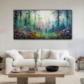 Original Colorful Forest Canvas Oil Painting Blue Green Flowers Texture Trees Landscape Art Abstract Real Nature Personalized Hand Art Decor (style: 01, size: 80x160cm)