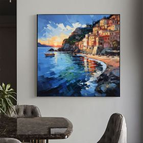 Hand Painted Abstract Mediterranean Oil Painting On Canvas Large Wall Art Original Coastal City Landscape Art Custom Blue Ocean Decor Living Room (style: 01, size: 50x50cm)