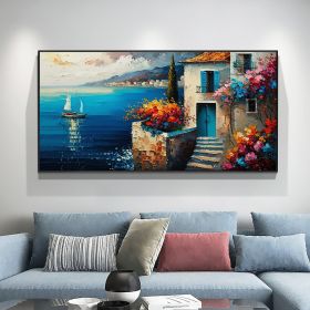 Hand Painted Original Seaside Mediterranean Oil Painting On Canvas Large Wall Art Abstract Blue Seascape Art Custom Painting Living Room Home Dec (style: 01, size: 60x120cm)